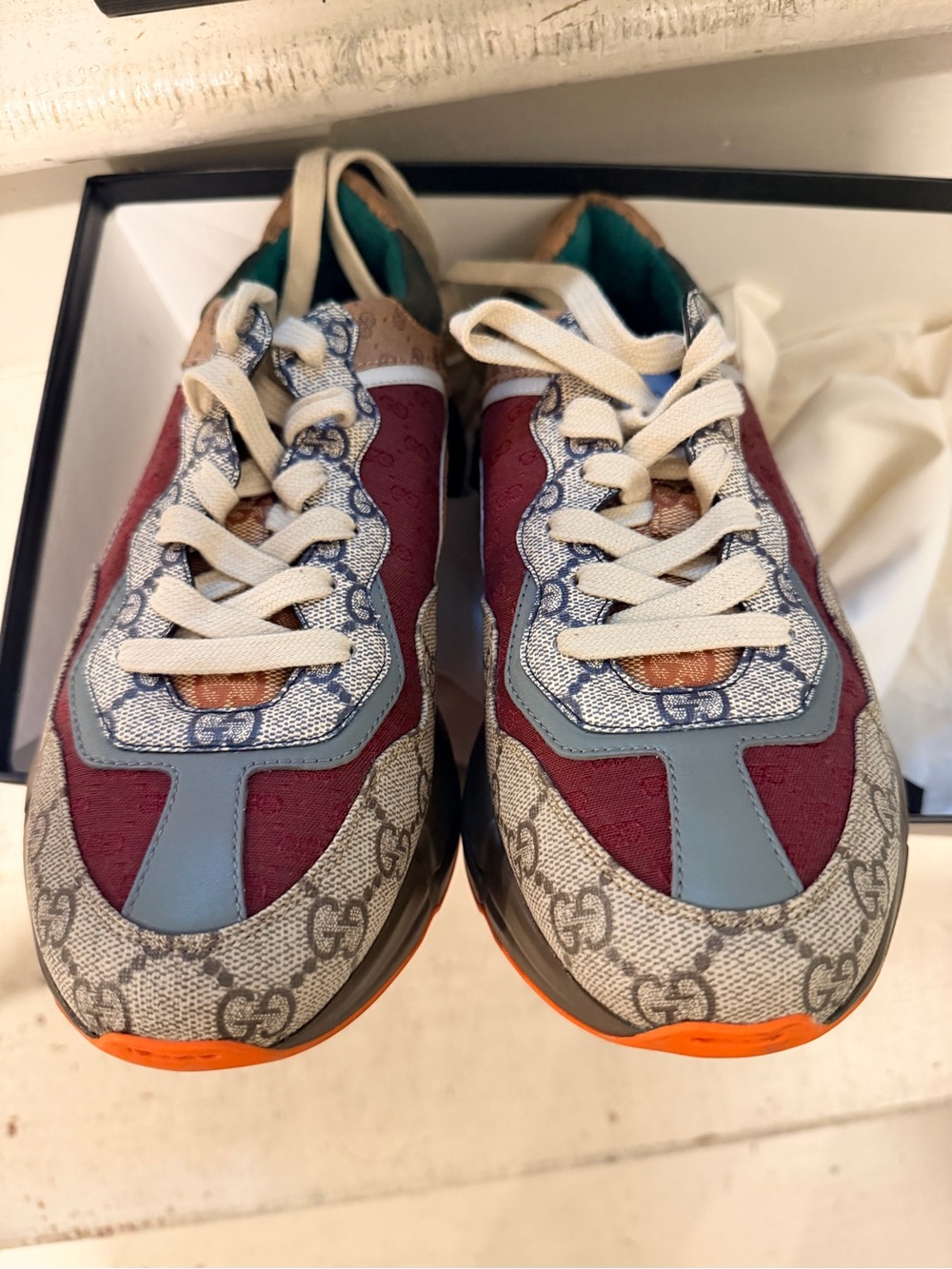 Gucci Multi-Color GG Logo Sneakers with Burgundy and Orange Accents